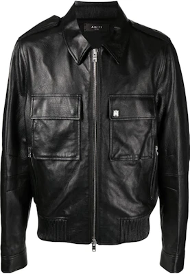 AMIRI FW22 黑色纯色皮夹克配罗纹下摆 PF22MLJ001 Buy AMIRI FW22 黑色纯色皮夹克配罗纹下摆 PF22MLJ001