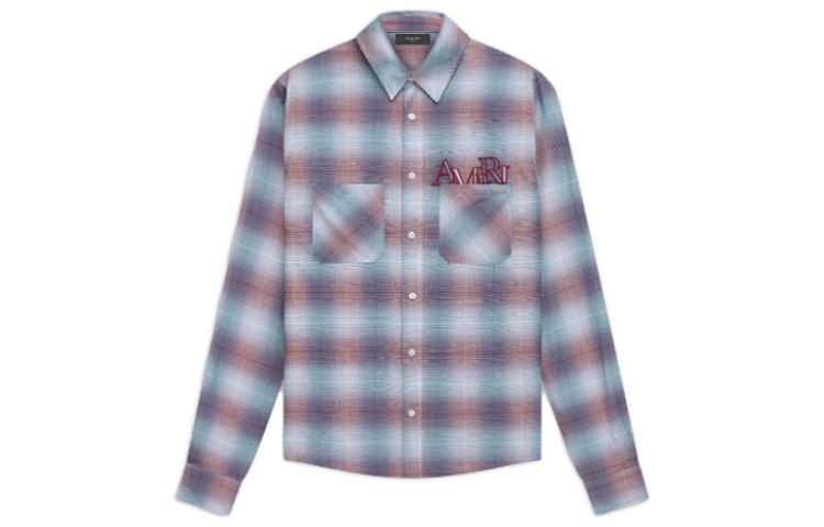 Order AMIRI Kemeja FW23 Kotak-Kotak Biru Merah Lengan Panjang Colorblock. AW23MSL089-573