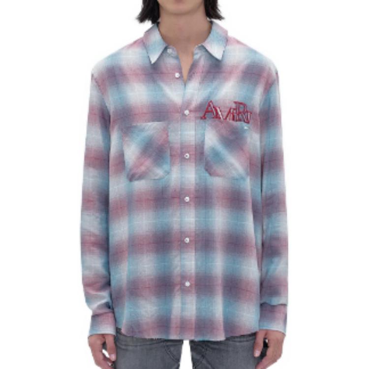 Lookbook AMIRI Kemeja FW23 Kotak-Kotak Biru Merah Lengan Panjang Colorblock. AW23MSL089-573