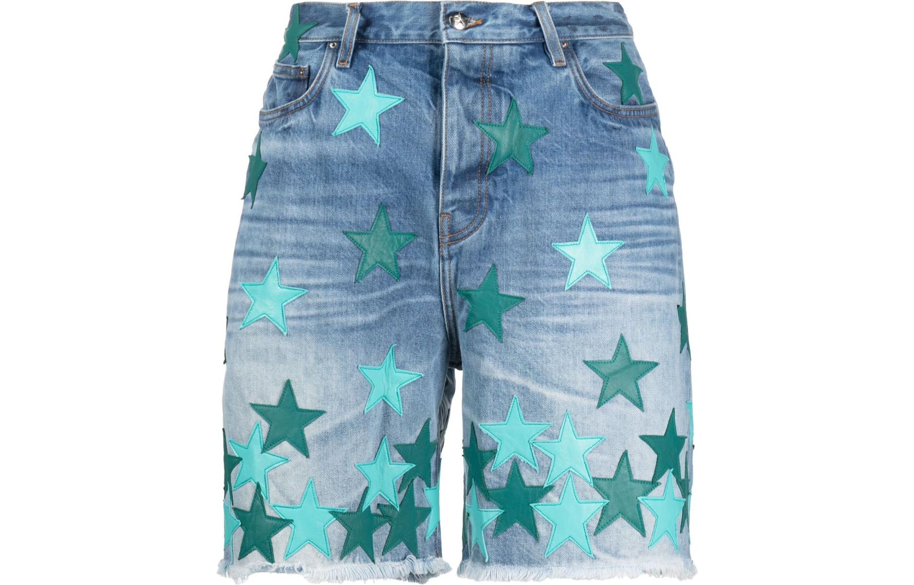 AMIRI FW23 Light Blue Star Embroidered Zipper Denim Shorts for Men. PF23MDF007-519