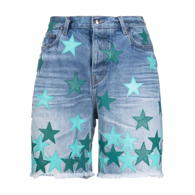 AMIRI FW23 Light Blue Star Embroidered Zipper Denim Shorts for Men. PF23MDF007-519
