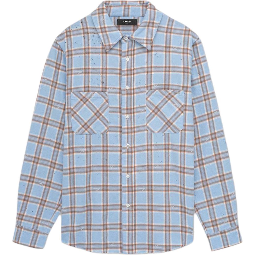 AMIRI FW24  Single-Breasted Plaid Long-Sleeve Shirt in Sky Blue. AMSTFL1003-456
