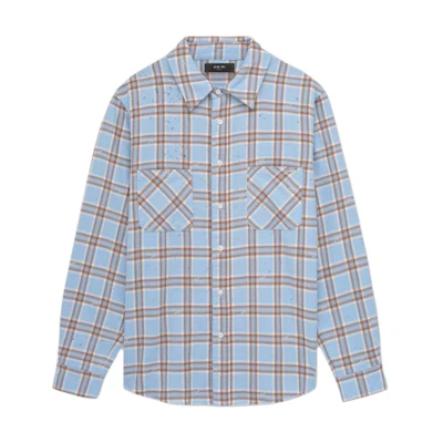 AMIRI FW24 Single-Breasted Plaid Long-Sleeve Shirt in Sky Blue. AMSTFL1003-456