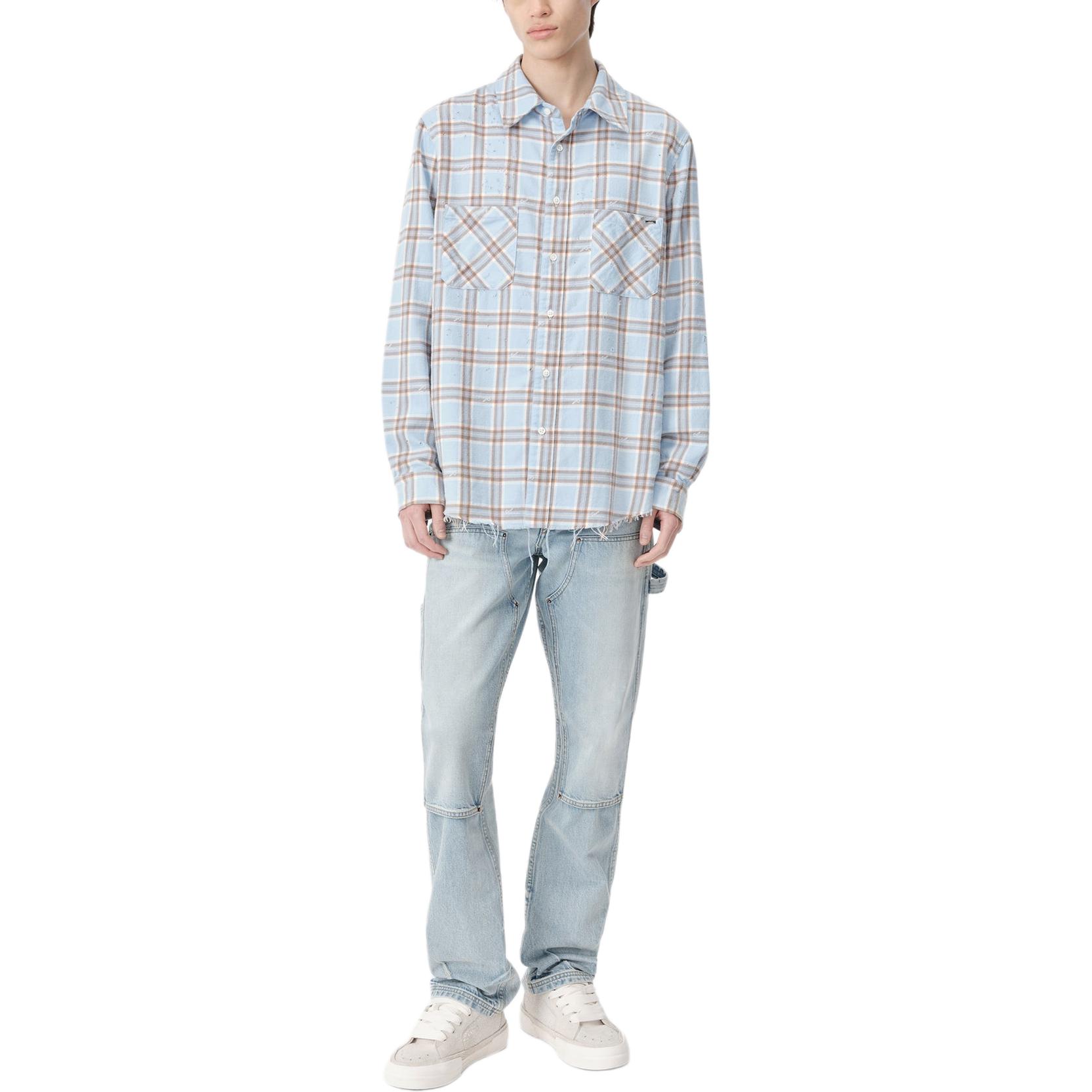 Lookbook AMIRI FW24 Kemeja Lengan Panjang Kotak-Kotak Biru Langit. AMSTFL1003-456