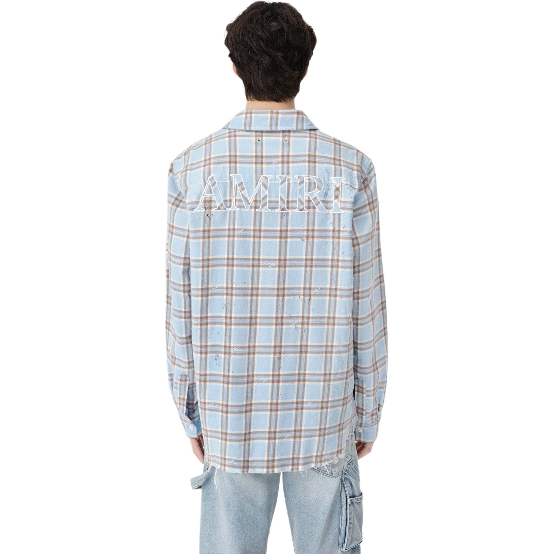 Shop AMIRI FW24 Kemeja Lengan Panjang Kotak-Kotak Biru Langit. AMSTFL1003-456