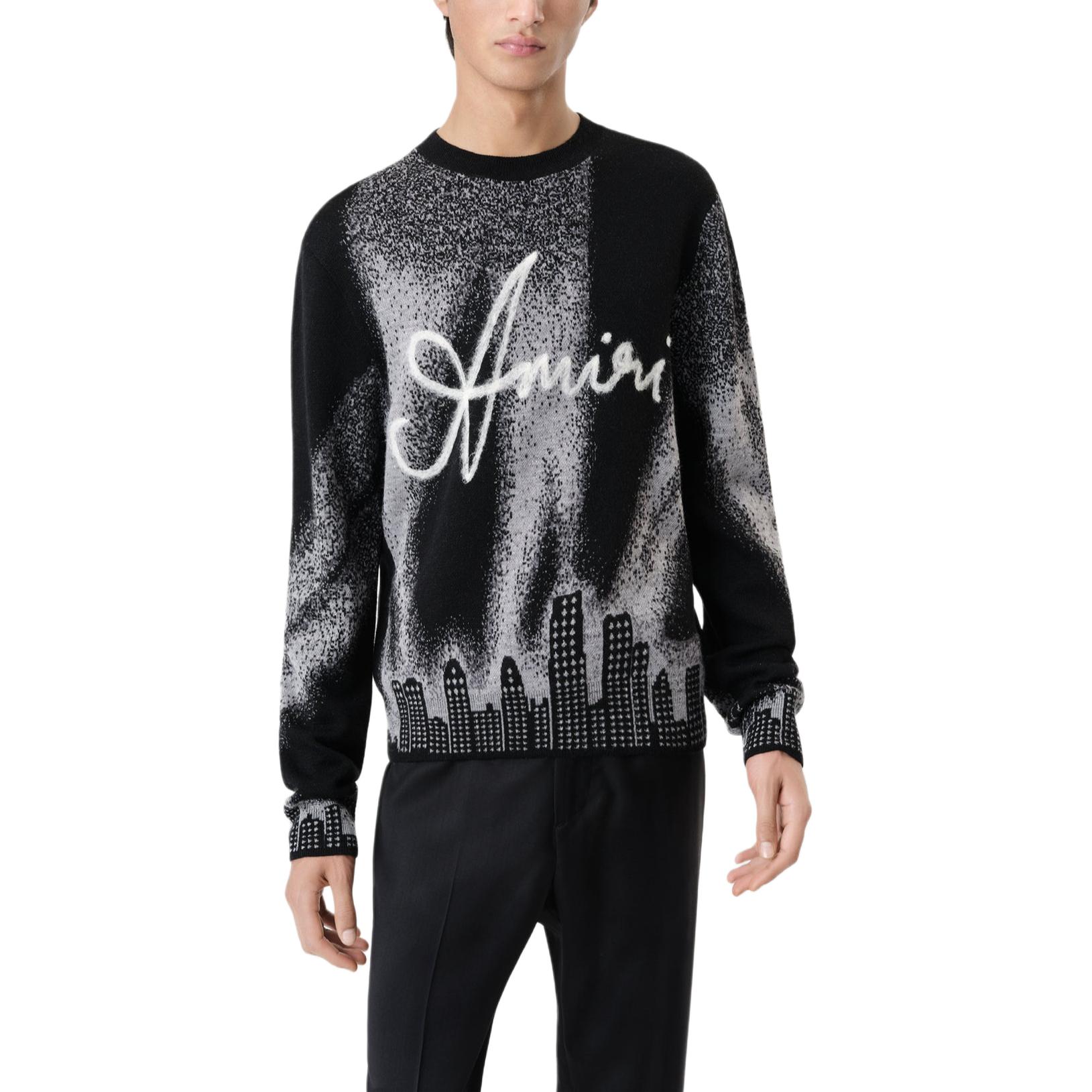Shop AMIRI FW24 黑色休閒寬鬆印花長袖圓領毛衣 男款 AMKNCW1061-001
