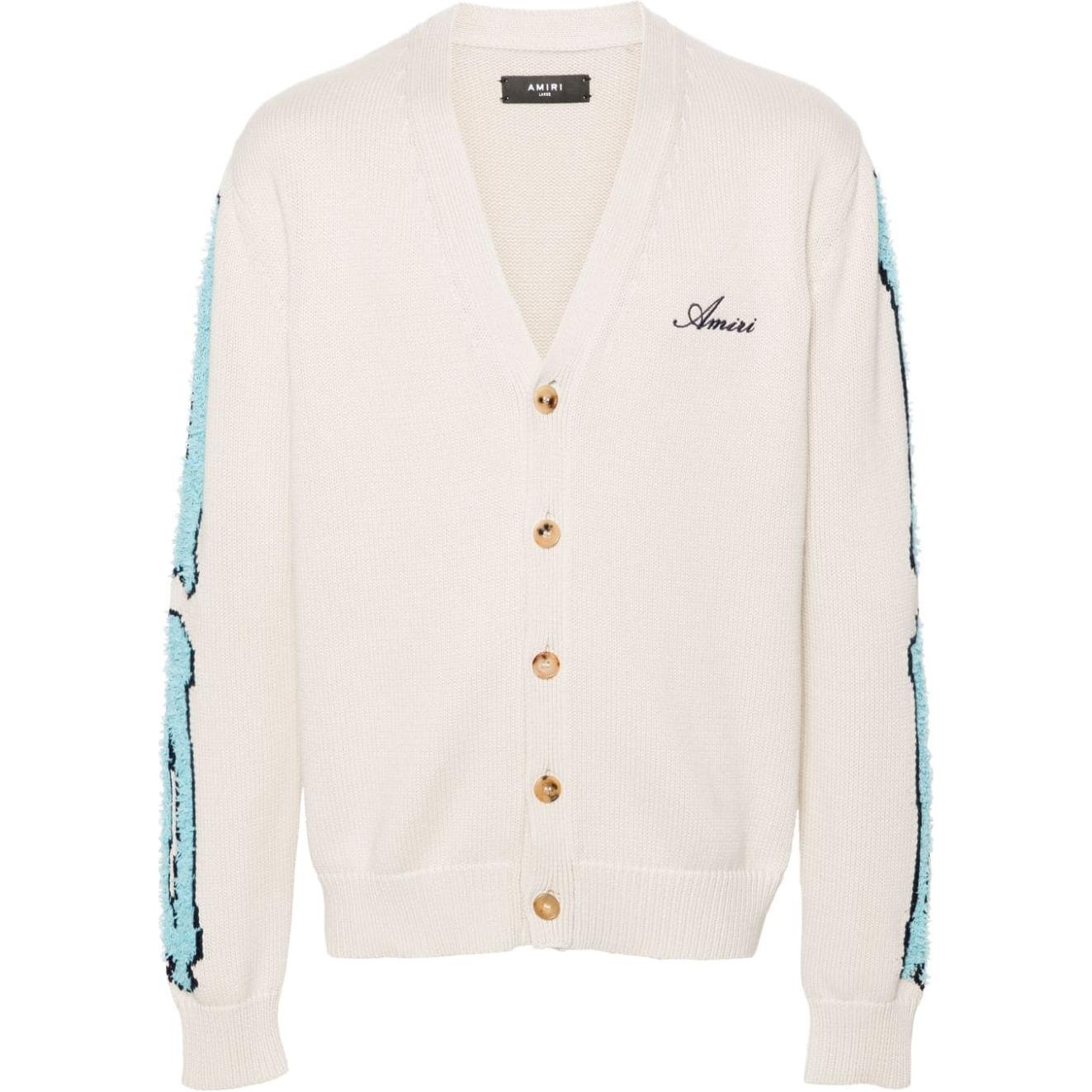 AMIRI FW24 Distressed Logo Embroidered V-Neck Knit Sweater Beige . AMKNCD1013-BEIGE