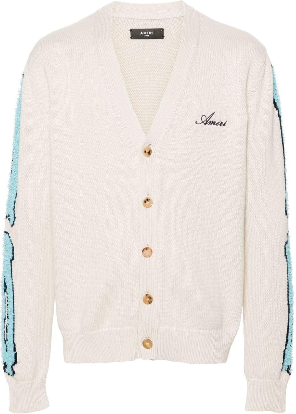 amiri-fw-24-distressed-logo-embroidered-v-neck-knit-sweater-beige-amkncd-1013-beige