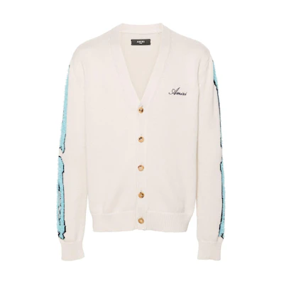 AMIRI FW24 Distressed Logo Embroidered V-Neck Knit Sweater Beige . AMKNCD1013-BEIGE
