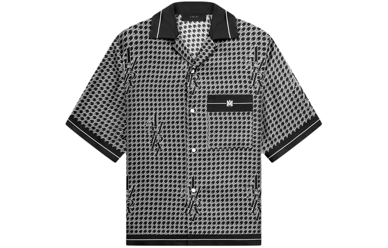 AMIRI Houndstooth Bowling Shirt Black White Mens Short Sleeve Cuban Shirt PS24MSS009001