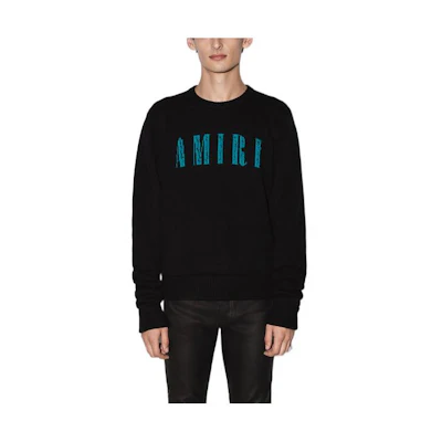 AMIRI SS22 Black Cashmere Sweater with Jacquard Logo Design. PS22MKL034