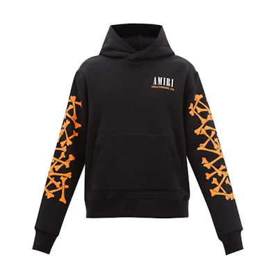 AMIRI SS22 Black Hoodie with Bone Print Pullover Design. MJG024063