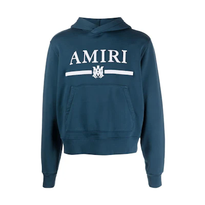 AMIRI SS22 Logo Print Pullover Hoodie in Teal. MJL012-433