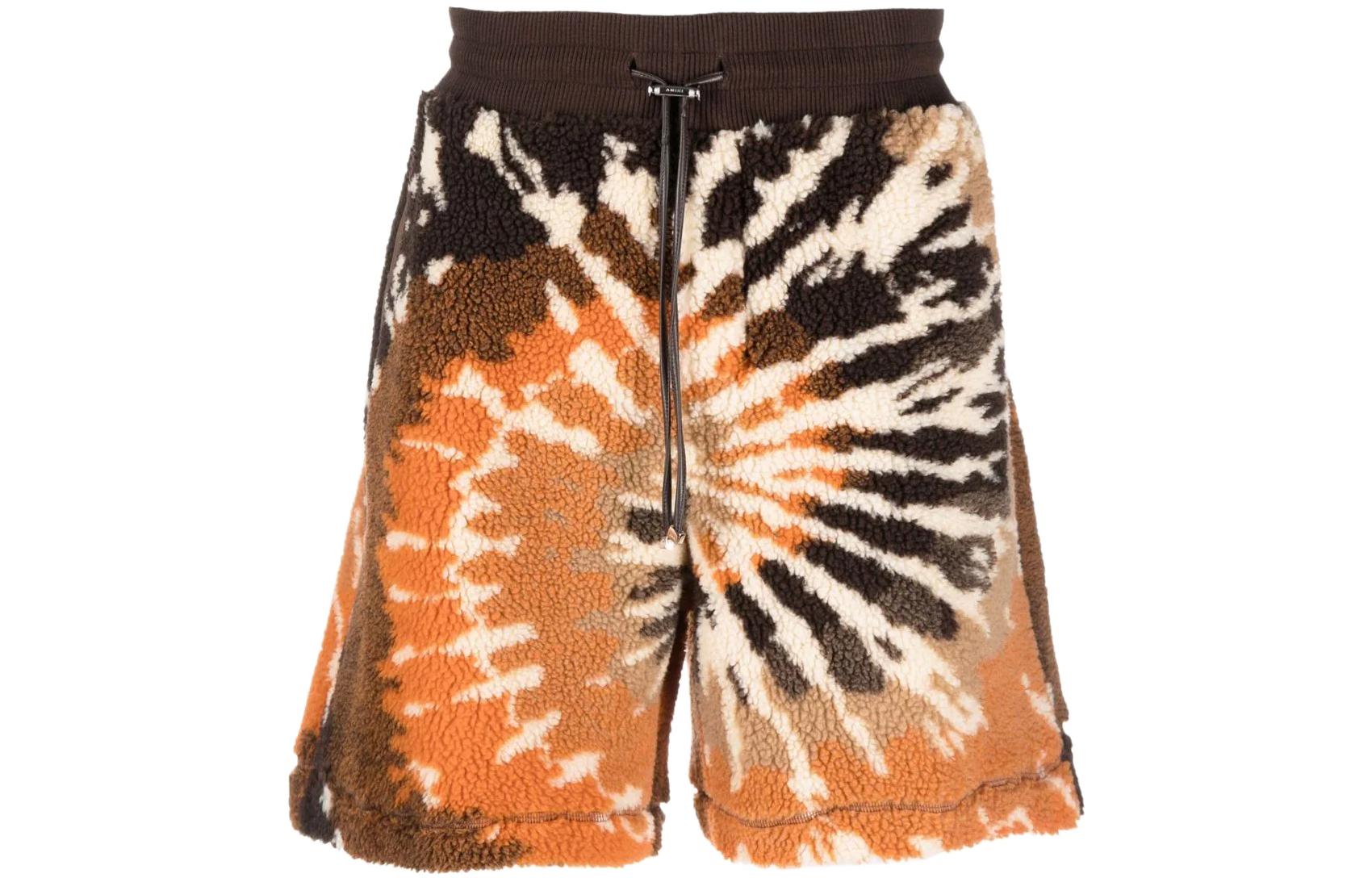 Order AMIRI SS22 Celana Pendek Tie-Dye Fleece Orange/Hitam dengan Tali Serut. PS22MKS-006
