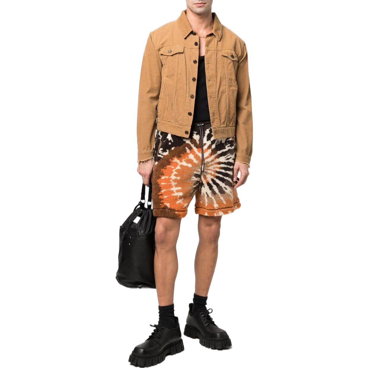 Lookbook AMIRI SS22 Celana Pendek Tie-Dye Fleece Orange/Hitam dengan Tali Serut. PS22MKS-006