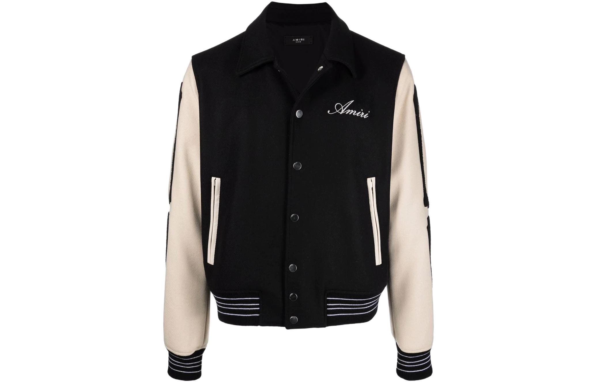 AMIRI SS22 Black Logo Embroidered Bone Baseball Jacket for Men PS22MOS002