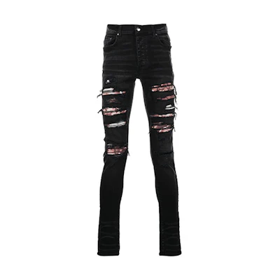 AMIRI SS22 Distressed Slim-Fit Ripped Black Jeans for Men. SS22MDS006-023