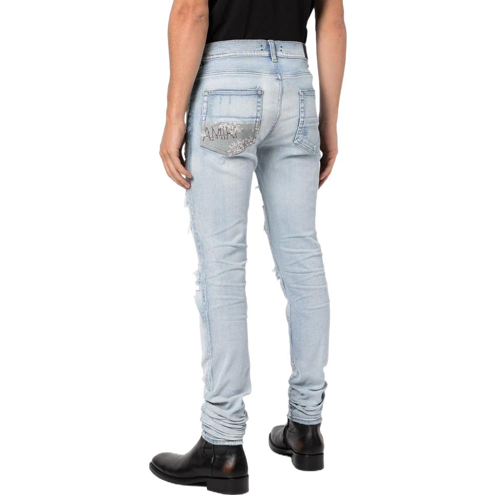 Shop AMIRI SS22 窄版高腰破壞牛仔褲 淡藍色 SS22MDS008485
