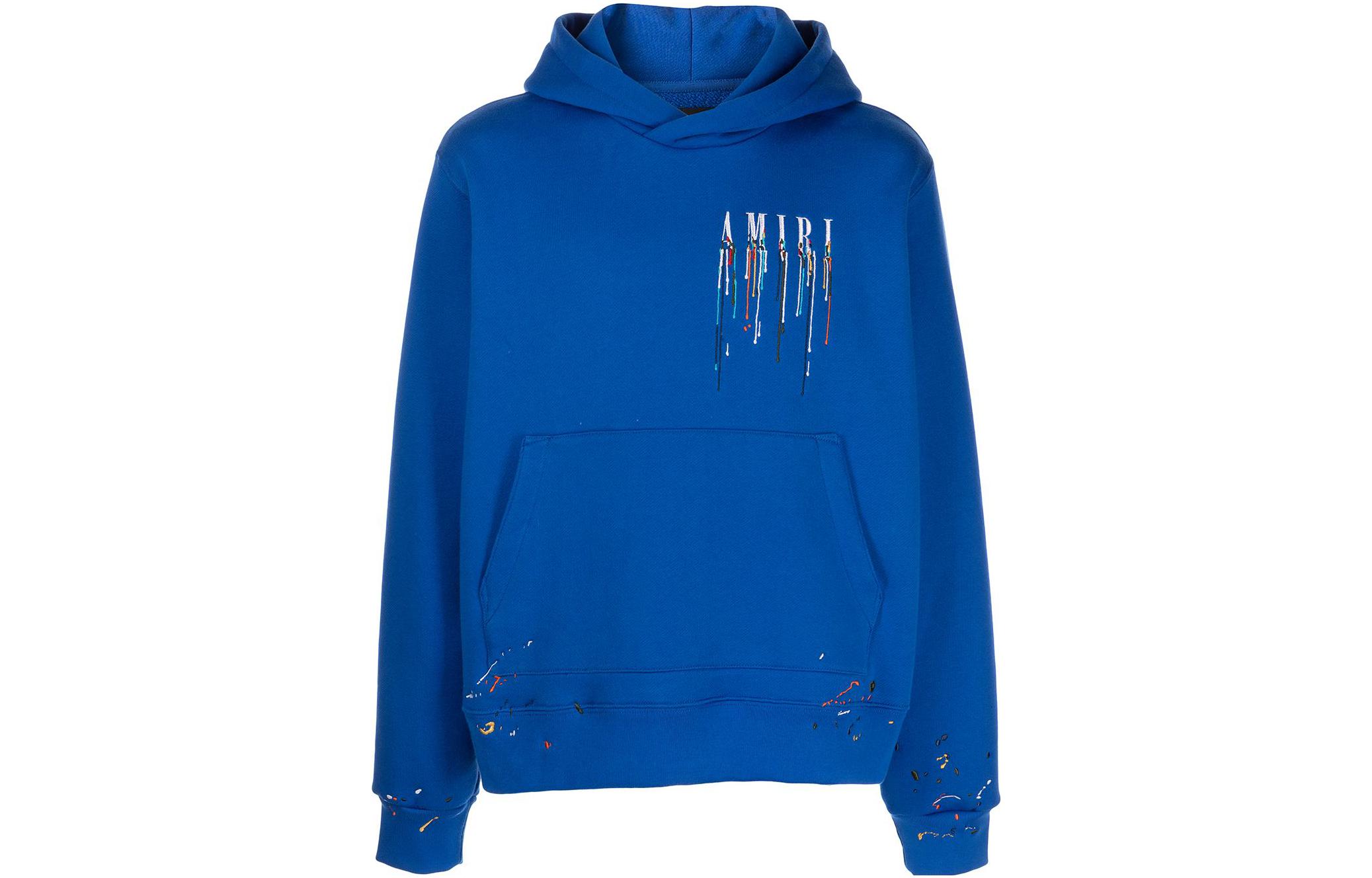 AMIRI SS22 Logo Embroidered Paint-Splatter Hoodie Blue Menswear PS22MJL034435