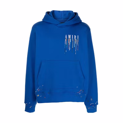 AMIRI SS22 Logo Embroidered Paint-Splatter Hoodie Blue Menswear PS22MJL034435