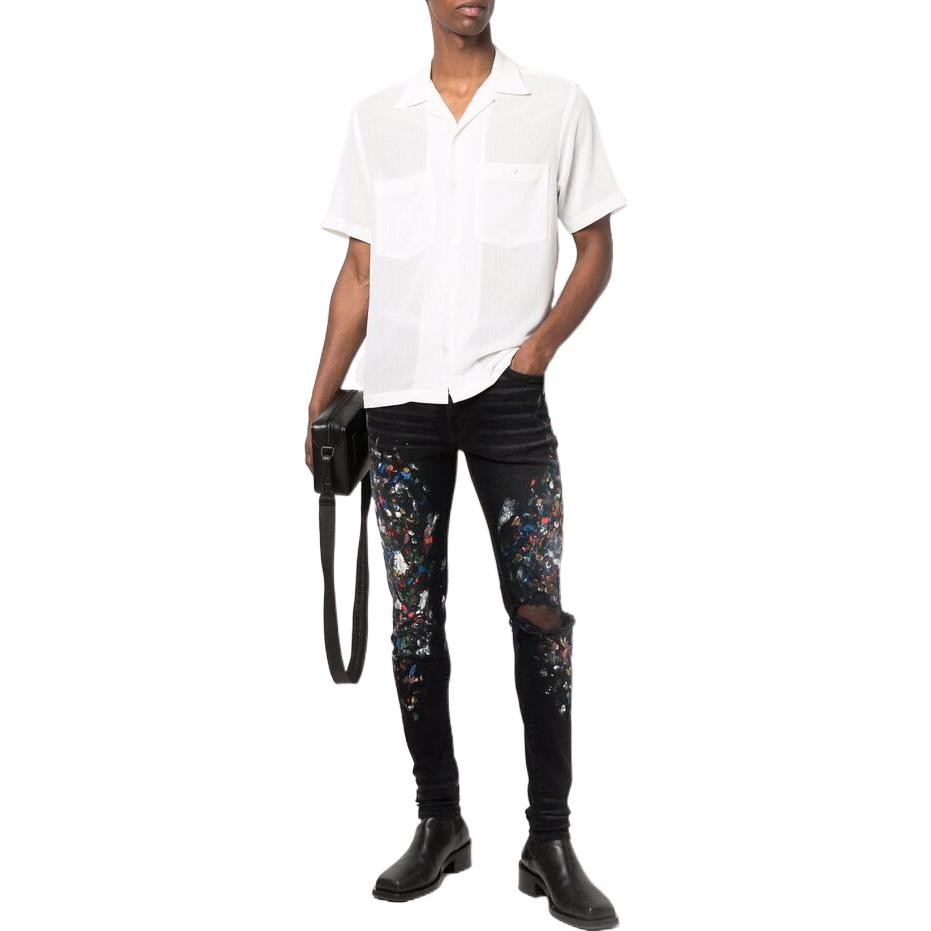 Lookbook AMIRI SS22 男士黑色涂漆花卉破洞修身牛仔裤 PS22MDS202-023
