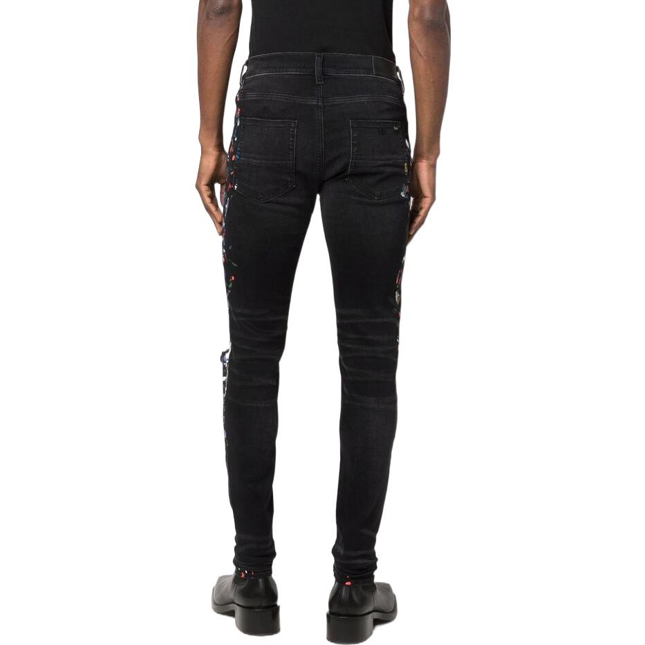 Shop AMIRI SS22 男士黑色涂漆花卉破洞修身牛仔裤 PS22MDS202-023