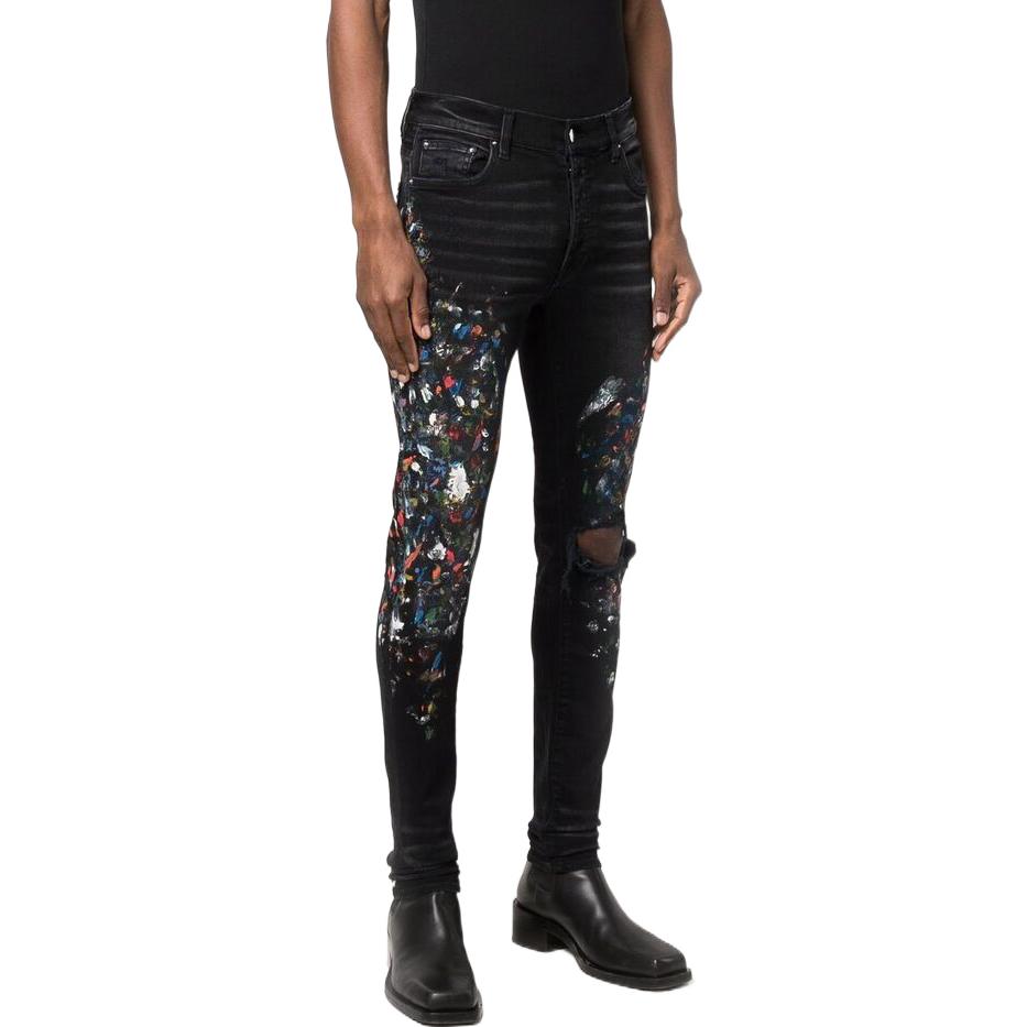 Purchase AMIRI SS22 男士黑色涂漆花卉破洞修身牛仔裤 PS22MDS202-023