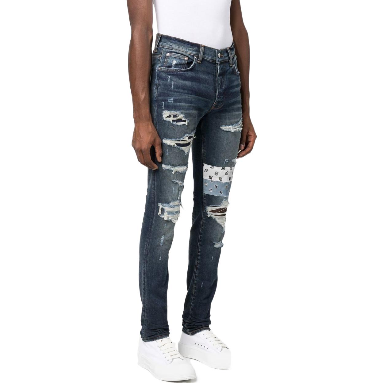 Shop AMIRI SS22 拼接破洞修身牛仔裤 男 蓝色. PF22MDS030403