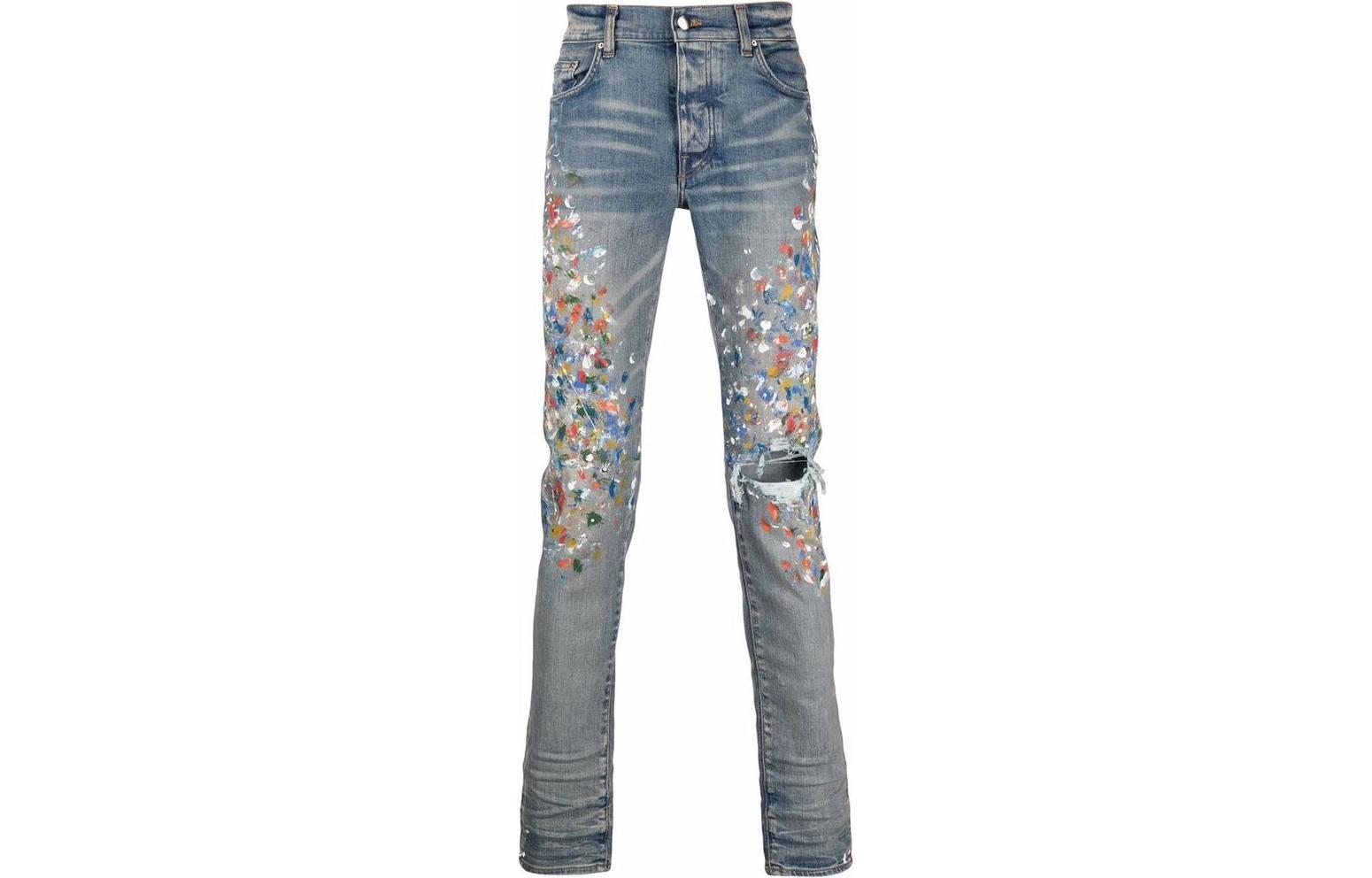 Order AMIRI SS22 Skinny Jeans Lelaki Biru Spray Paint Distressed PS22MDS202408