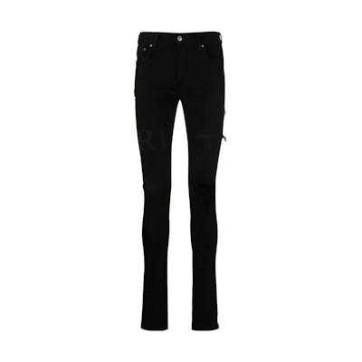 AMIRI SS23 Black Distressed Logo Knees Denim Jeans. PS23MDS006-018