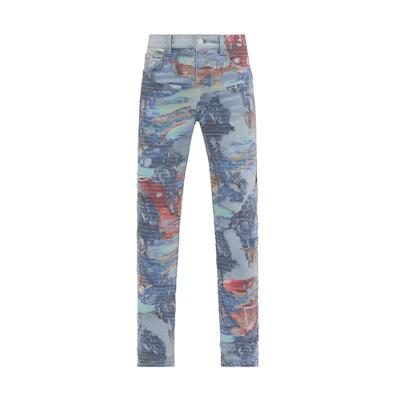 AMIRI SS23 Aloha Printed Straight Leg Jeans Men Stone Indigo Blue PF23MDF030-765
