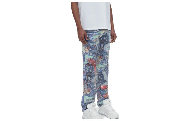 Shop AMIRI SS23夏威夷印花直筒牛仔裤 男士深蓝色石印靛蓝裤 PF23MDF030-765