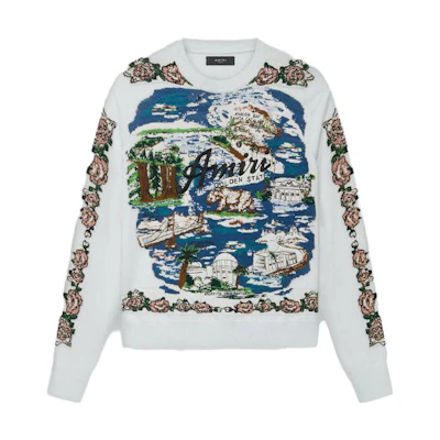 AMIRI SS23 Aloha Scenic Jacquard Crewneck Sweater Blue - Men’s Long Sleeve. SS23MKL005-368