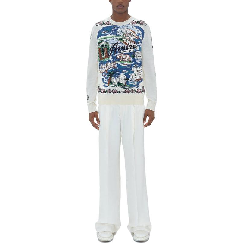 Lookbook AMIRI SS23 Aloha Scenic Jacquard Crewneck Sweater Biru - Lengan Panjang Pria. SS23MKL005-368