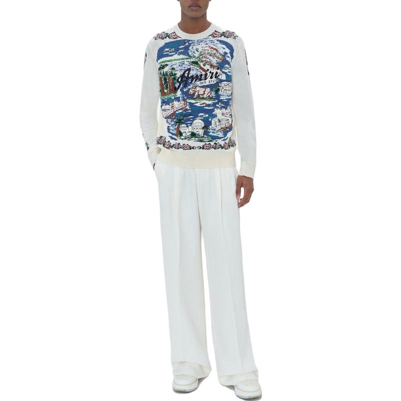 Shop AMIRI SS23 Aloha Scenic Jacquard Crewneck Sweater Biru - Lengan Panjang Pria. SS23MKL005-368