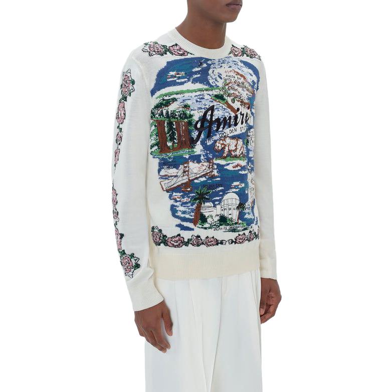 Sizing AMIRI SS23 Aloha Scenic Jacquard Crewneck Sweater Biru - Lengan Panjang Pria. SS23MKL005-368