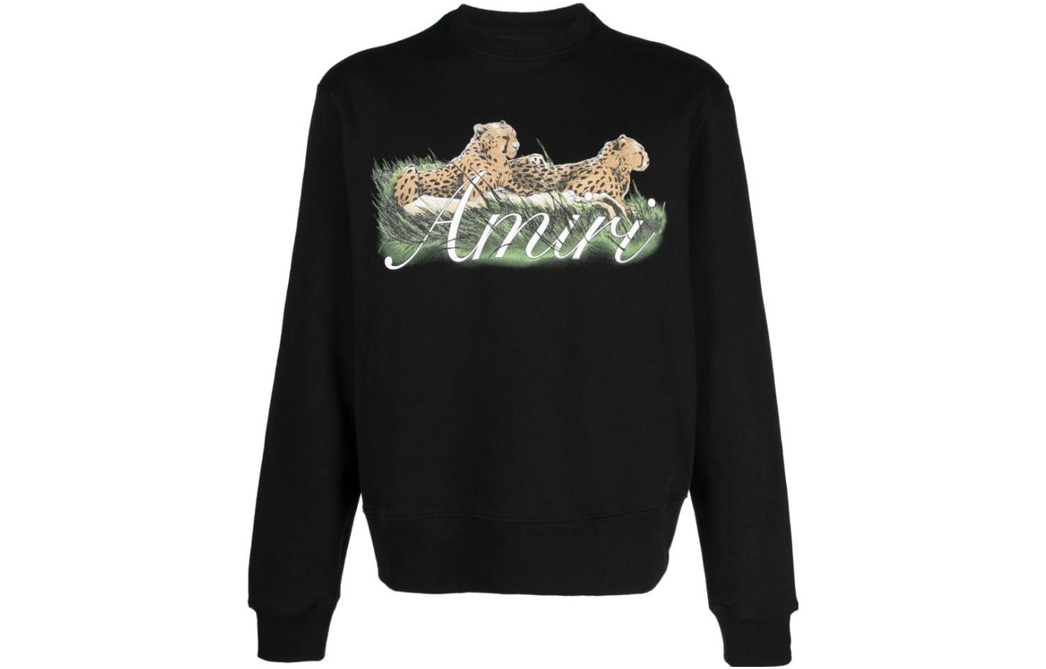 AMIRI SS23 Black Leopard Print Embroidered Crewneck Sweatshirt PF23MJG010-001