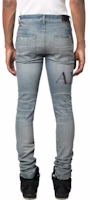 AMIRI SS23 Solid Color Distressed Knee Logo Denim Jeans Blue . PS23MDS006-408 AMIRI SS23 Solid Color Distressed Knee Logo Denim Jeans Blue . PS23MDS006-408