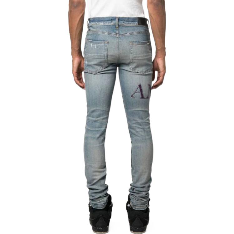 Shop AMIRI SS23 素色破洞膝蓋徽標牛仔褲 藍色 PS23MDS006-408