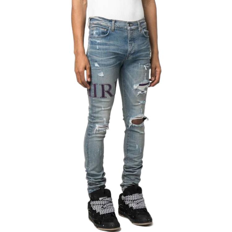 Purchase AMIRI SS23 素色破洞膝蓋徽標牛仔褲 藍色 PS23MDS006-408
