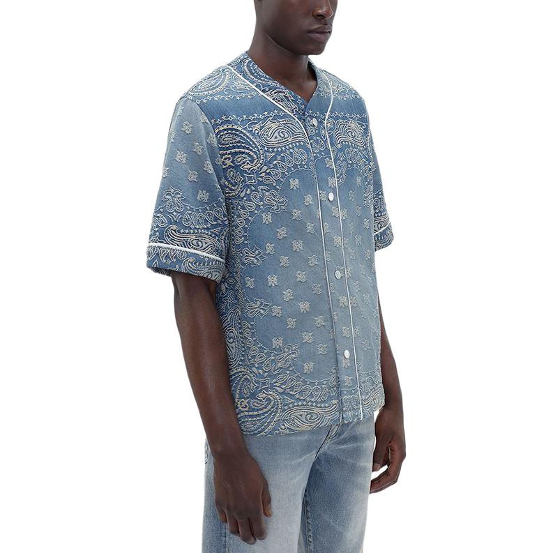 Shop AMIRI SS24 藍色印花短袖休閒襯衫扣衫。 AMDNIR1001