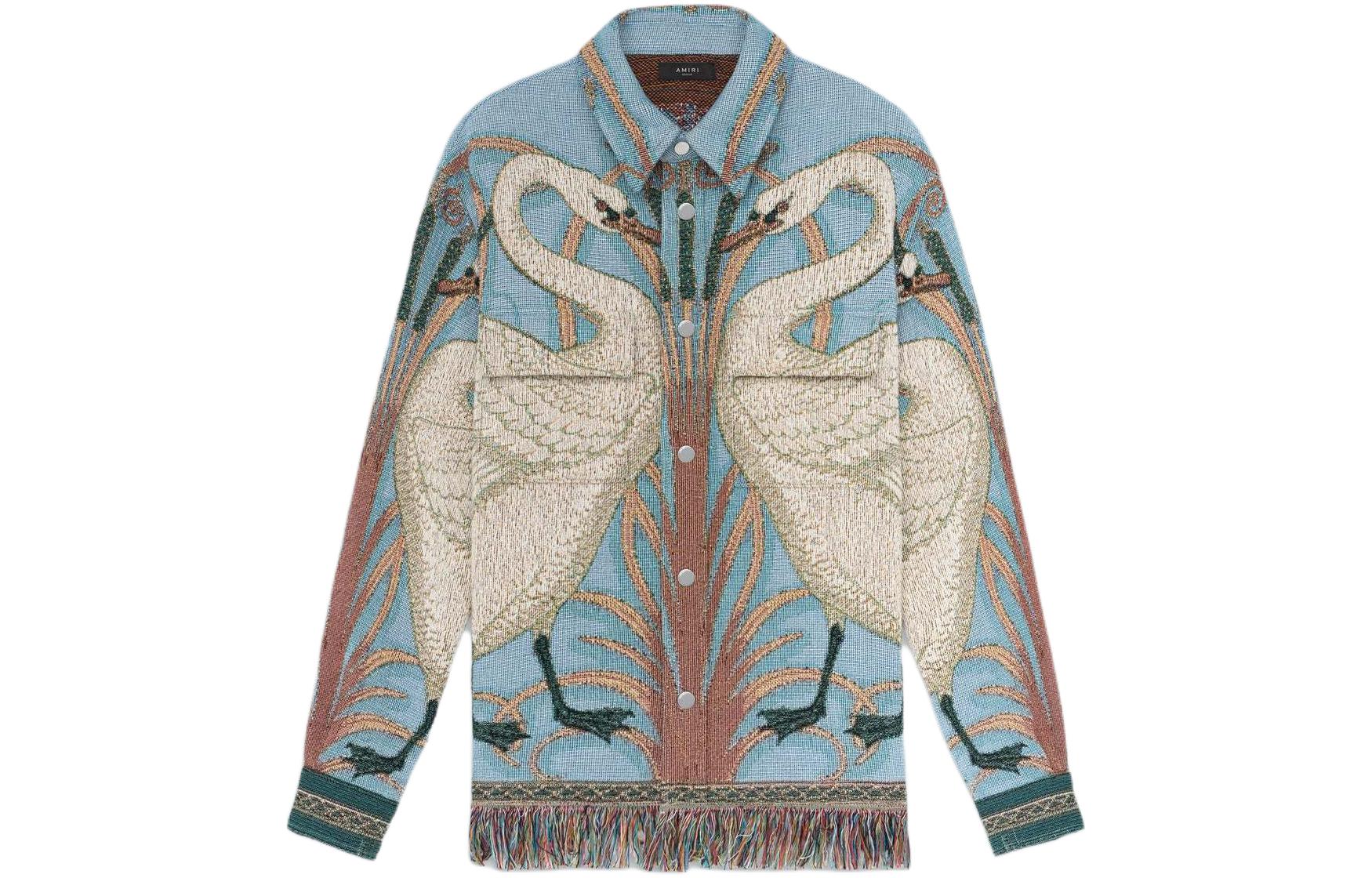 AMIRI SS24 Swan Fringe Hem Loose Button-Up Jacket Blue () AMTAOS1001-856