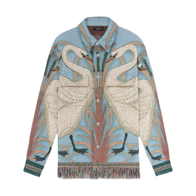 AMIRI SS24 Swan Fringe Hem Loose Button-Up Jacket Blue () AMTAOS1001-856