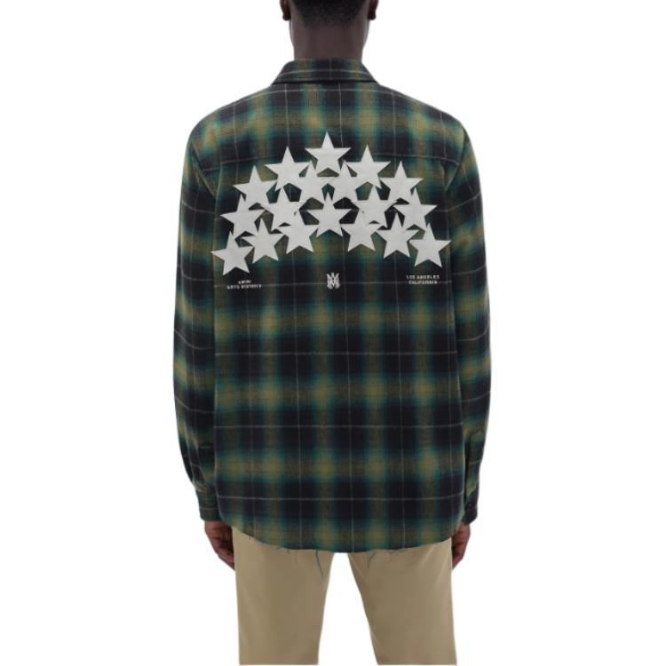 Lookbook AMIRI 星星皮革綠格紋修身按扣長袖襯衫 男款. PS24MSL011-428