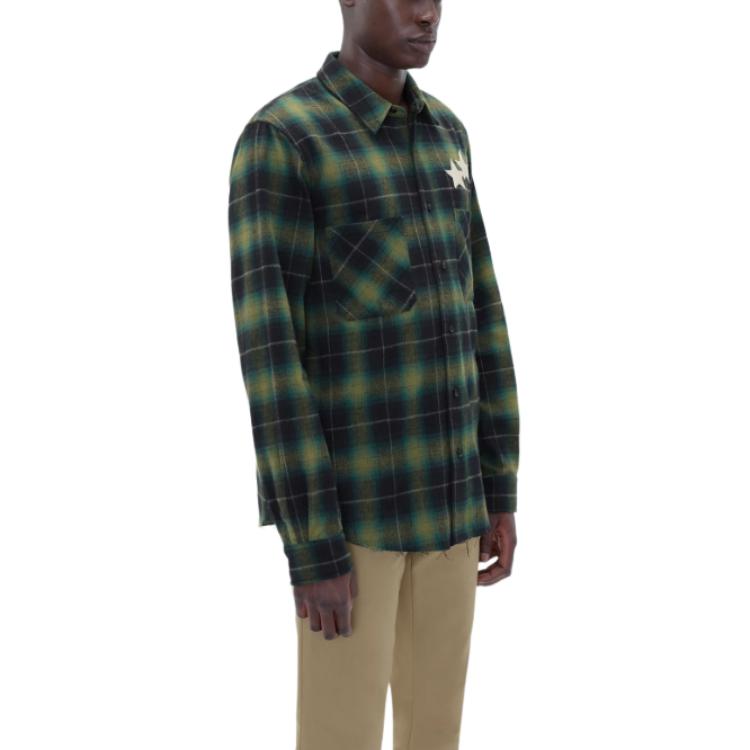 Shop AMIRI 星星皮革綠格紋修身按扣長袖襯衫 男款. PS24MSL011-428