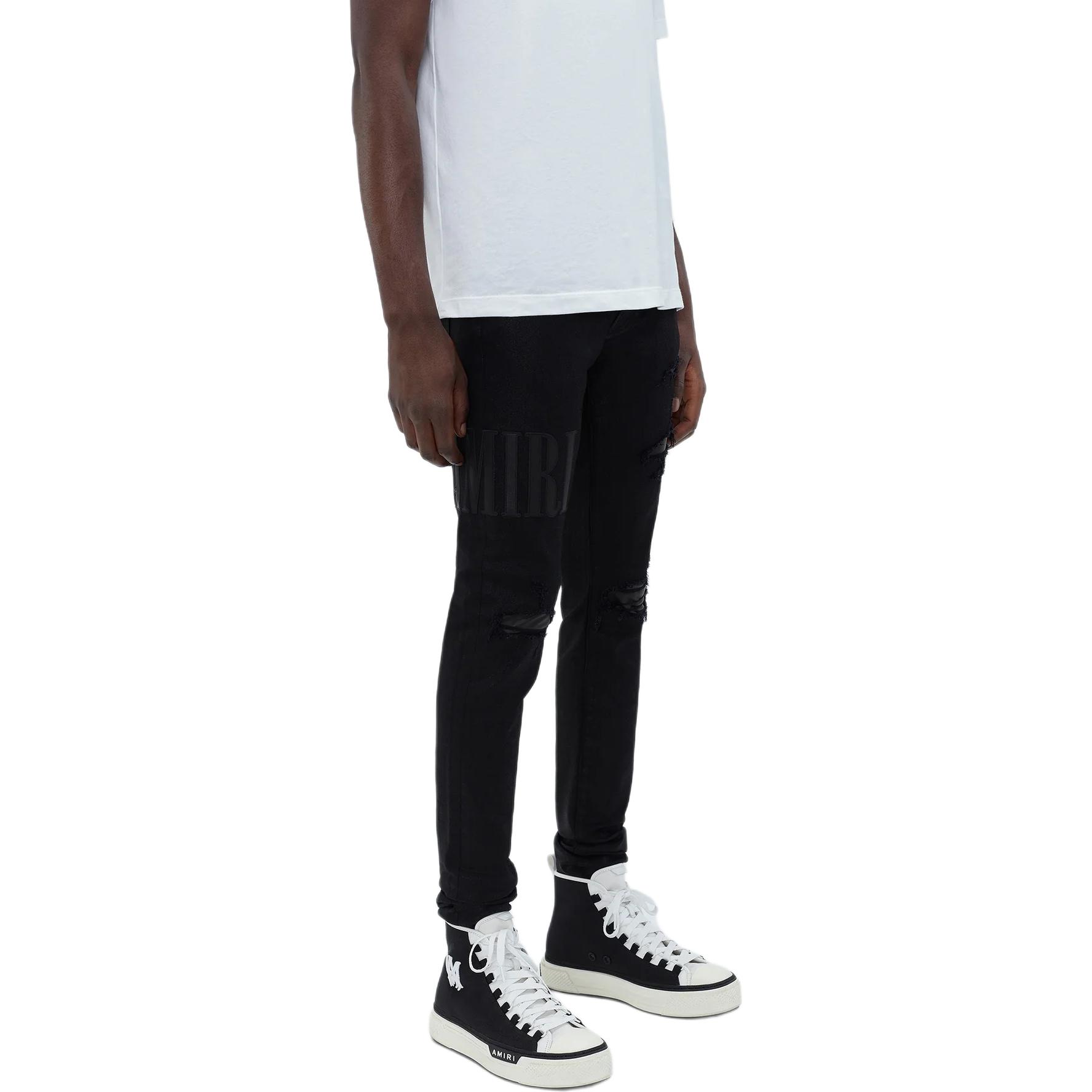 Shop AMIRI 蜡标破洞修身牛仔裤 黑色 AMDNSY1010-001