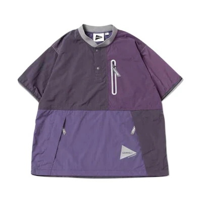 and wander Gramicci SS24 Half-Button Zip Patchwork Tee Unisex Purple. 5744121412-083