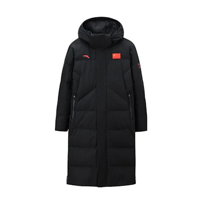 ANTA Long Puffer Jacket with Logo Print, Zipper, and Hood - Black 152140922-2