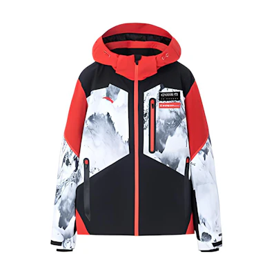 Anta Red Colorblock Graphic Fleece-Lined Zip-Up Ski Jacket Hoodie 152247802-1