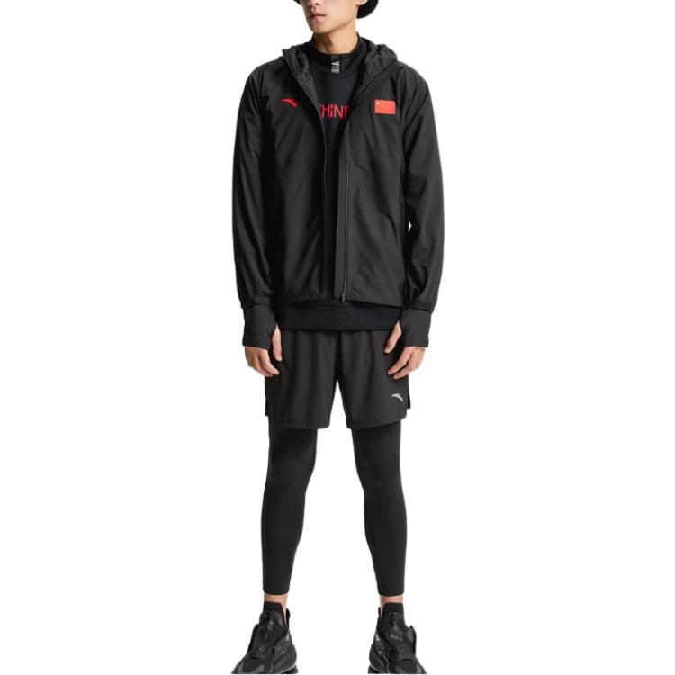 Shop Anta All-Weather Series  Black Logo Print Zip Hooded Woven Jacket 152130707-2